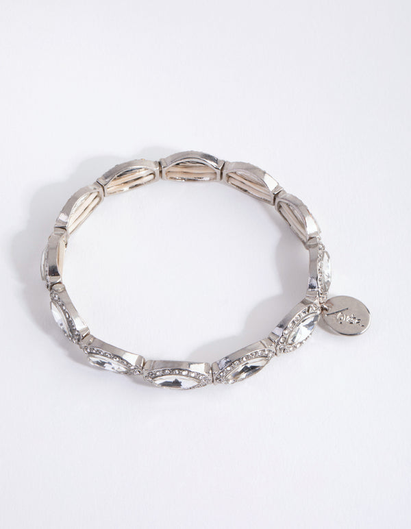 Silver Navette Stone Evil Eye Stretch Bracelet