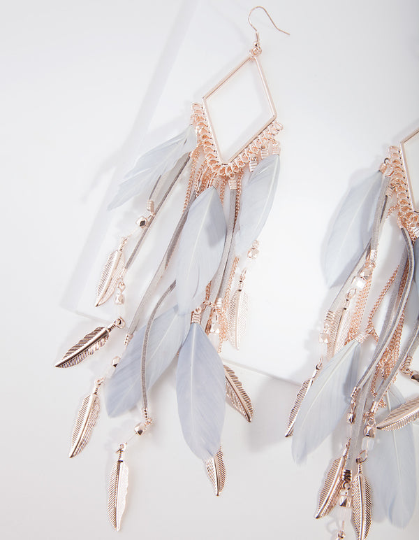 Rose Gold Diamante Chain Feather Earrings