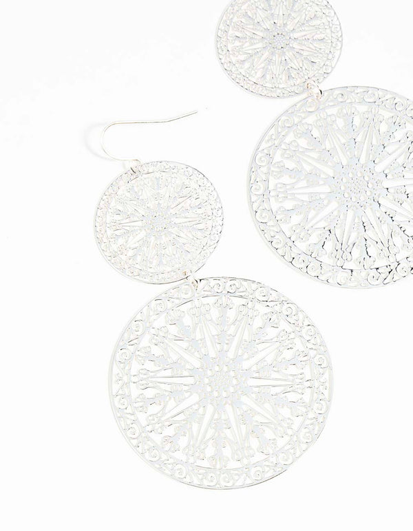 Silver Filigree Statement Disc Drop Earrings