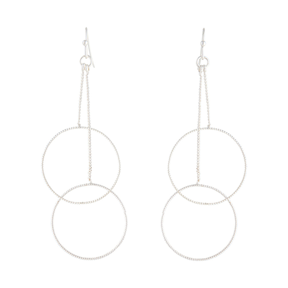 Silver Duo Circle Chain Drop Earrings