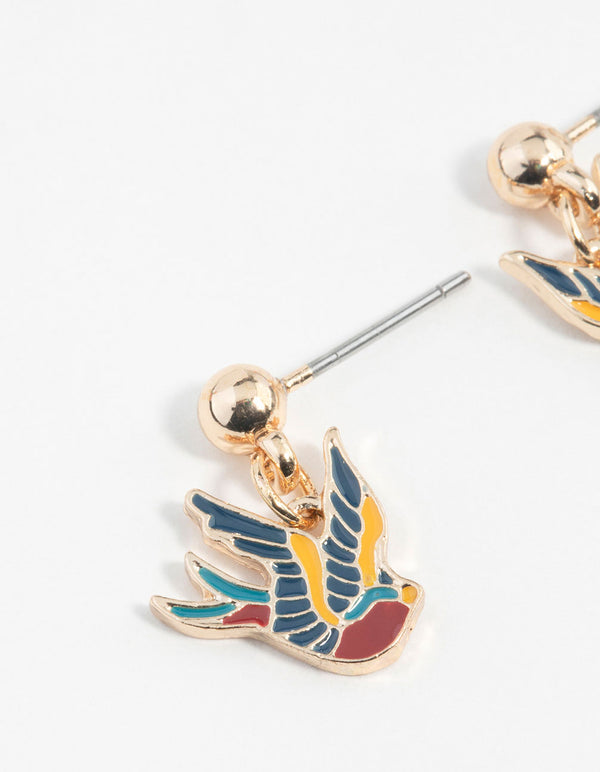 Gold Tattoo Coloured Sparrow Drop Earrings