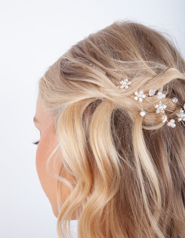 Rose Gold Diamante Flower Pearl Hair Vine