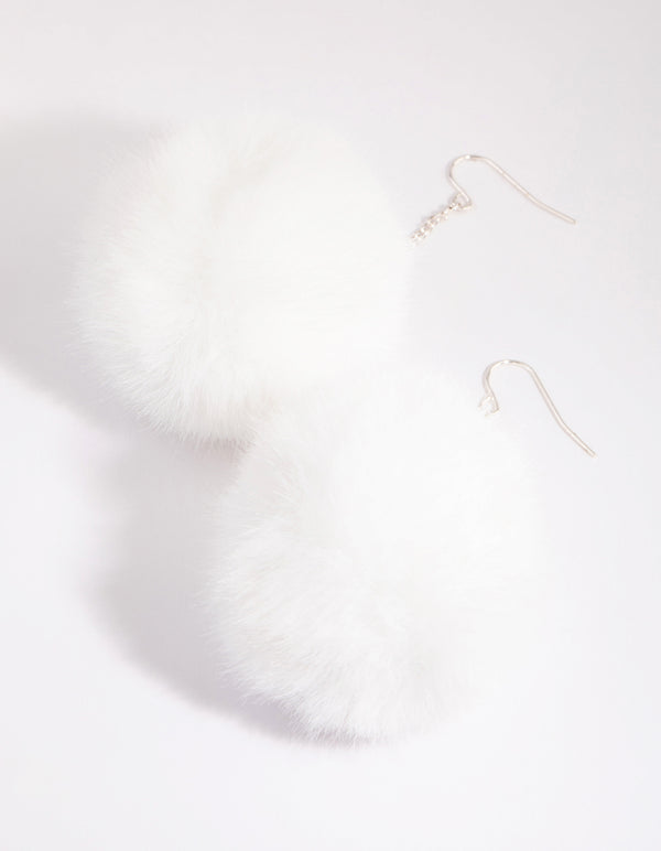 Silver White Pom Pom Earrings