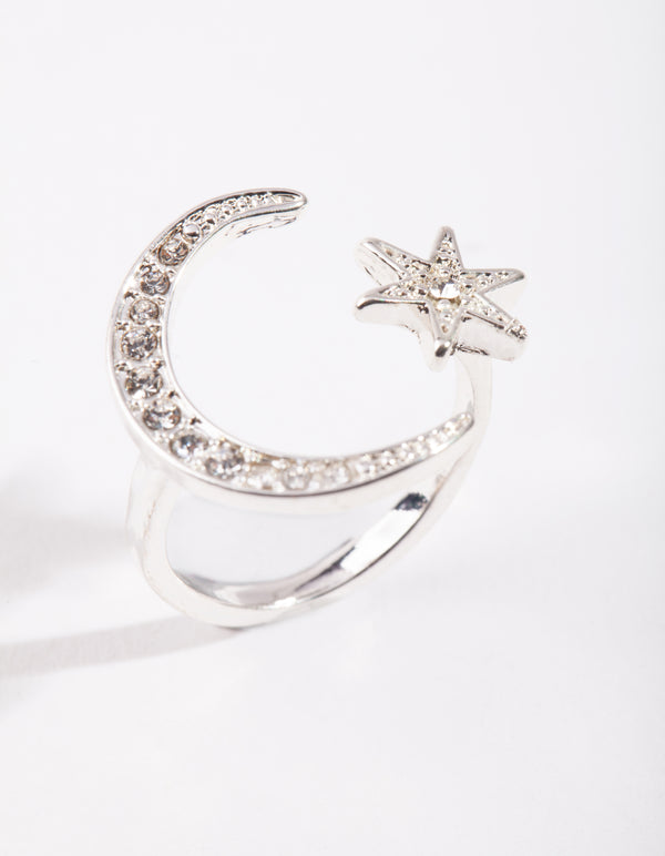 Silver Moon Star Open Ring