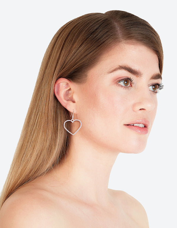 Silver Textured Heart Cut Out Drop Earring