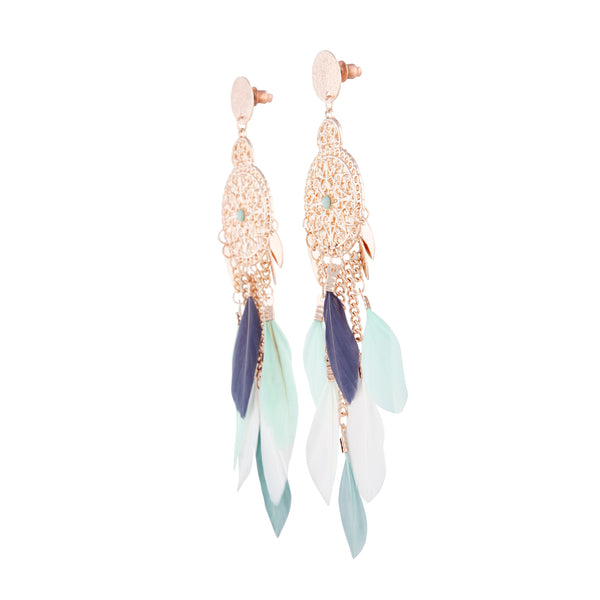 Mint White Rose Gold Filigree Cascade Feather Earrings