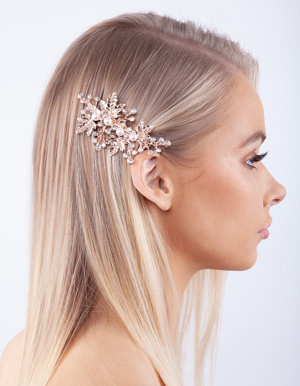 Rose Gold Leaf Crystal Pearl Barrette