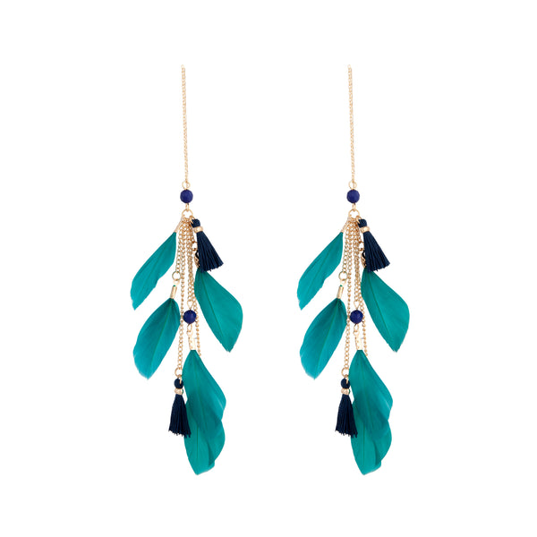 Blue Feather Tassel Thread Earrings