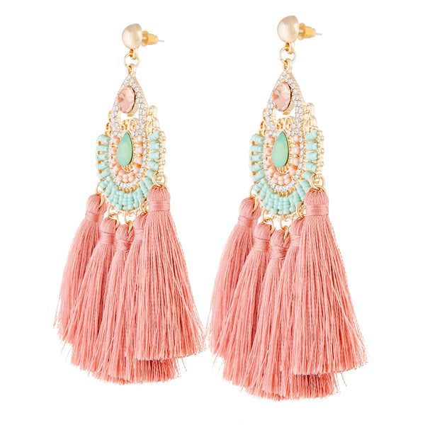 Gold Pink Pretty Diamante Tassel Earrings