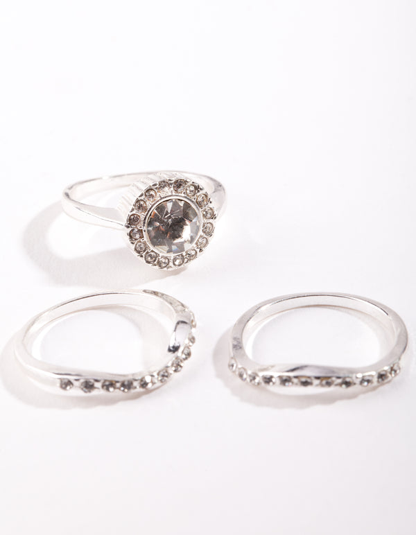 Silver Round Diamante Ring Stack