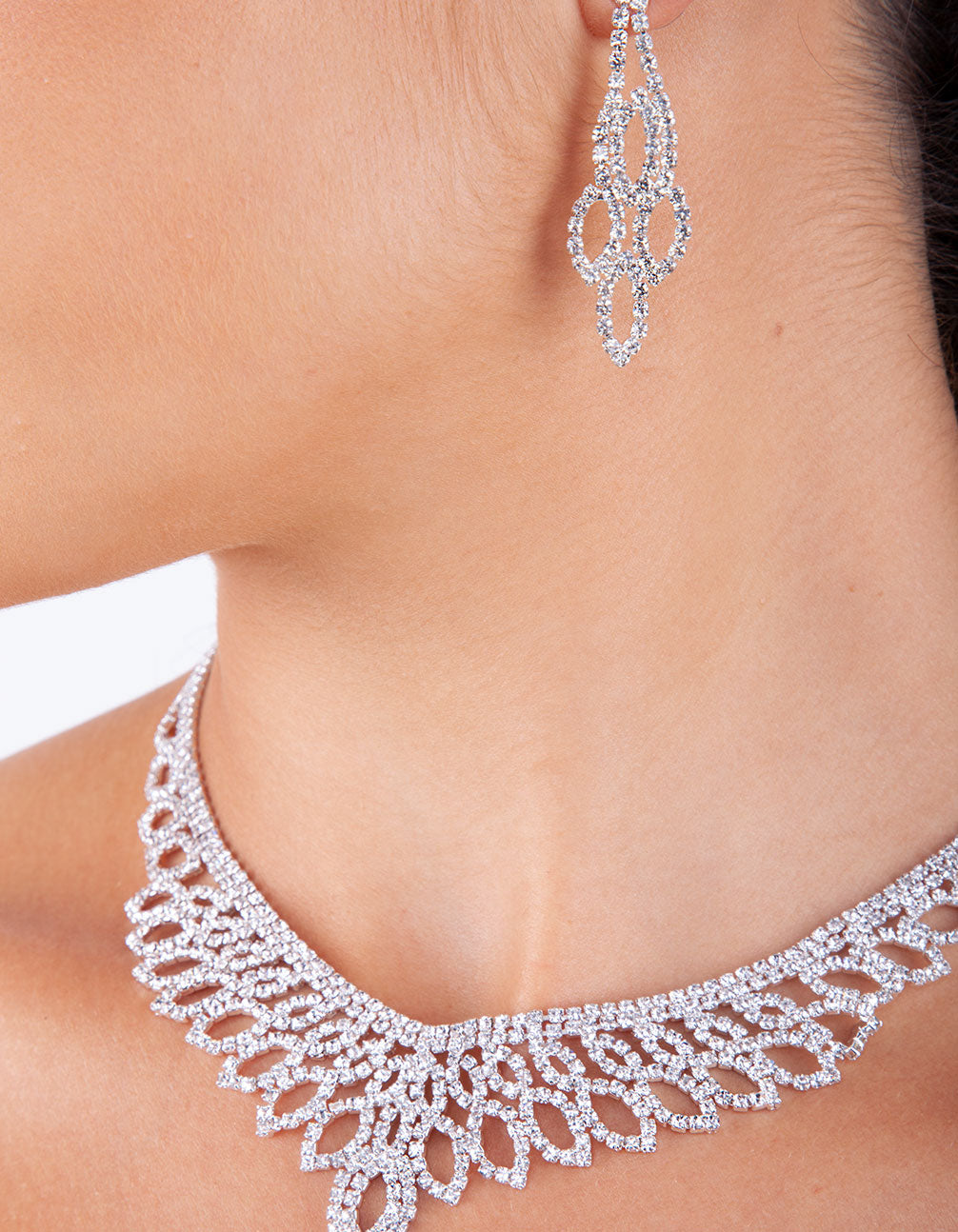 Silver Diamante Cup Chain Drop Earrings Necklace Set