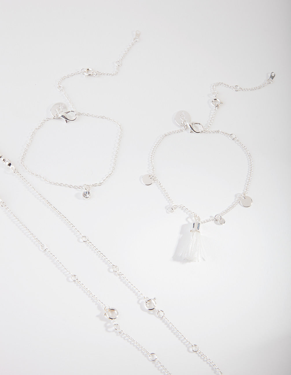 Silver Crystal Tassel Bracelet & Anklet Set