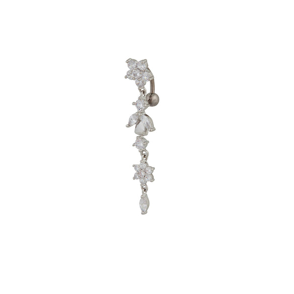Silver Surgical Steel Cubic Zirconia Flower & Leaf Drop Belly Bar