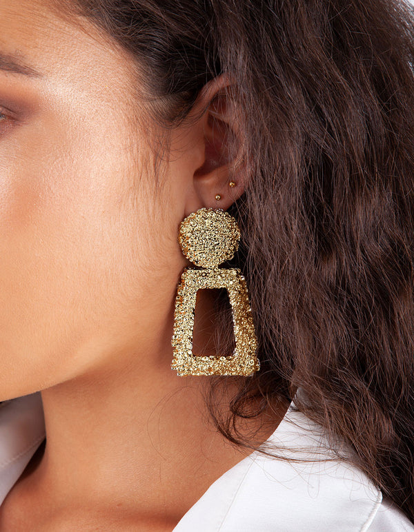 Gold Textured Geometric Drop Earrings
