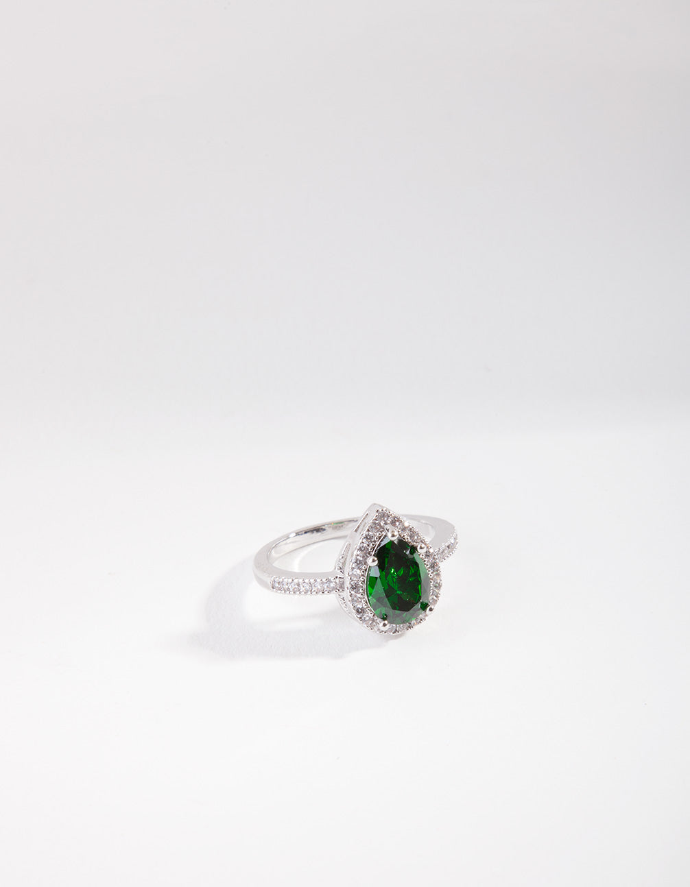 Rhodium Pear Emerald Teardrop Ring