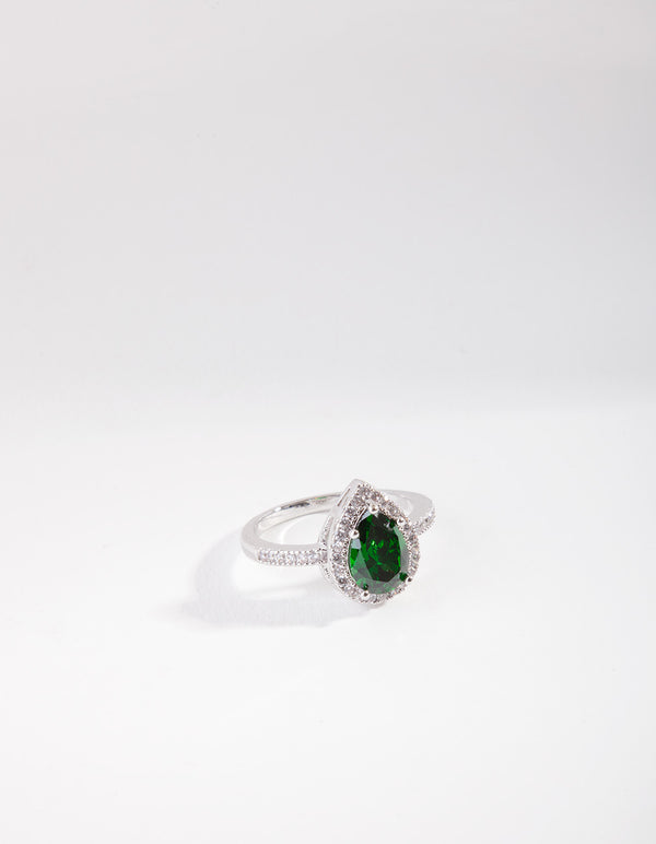 Rhodium Pear Emerald Teardrop Ring