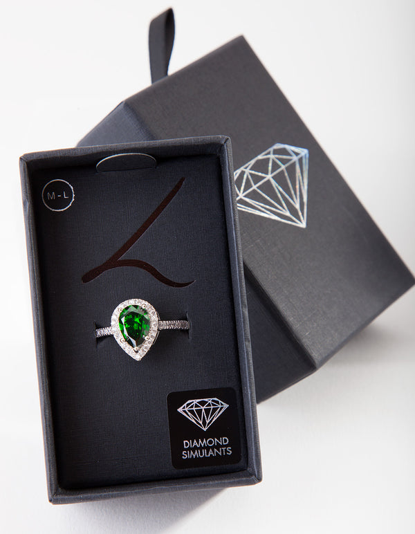 Rhodium Pear Emerald Teardrop Ring