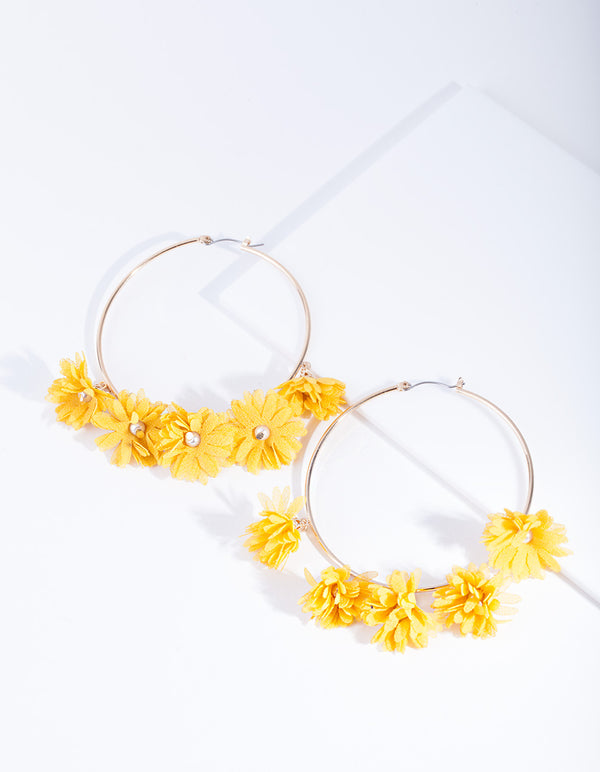 Yellow Gold Large Fabric Flower Hoop Earrings