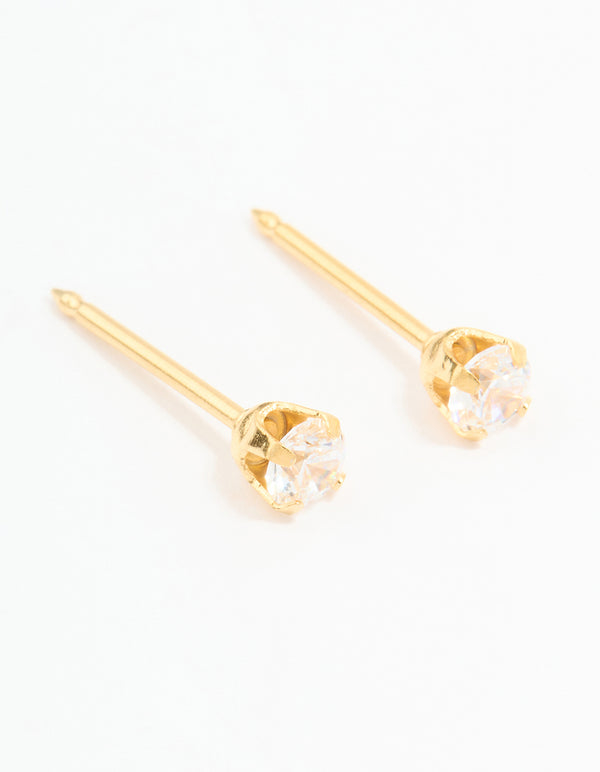 24KT Gold Plated Surgical Stainless Steel 3MM Cubic Zirconia Piercing Stud