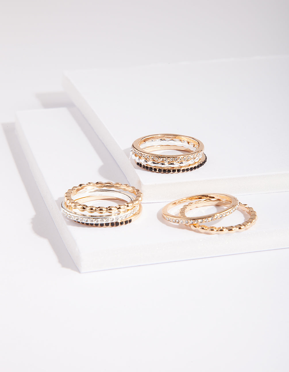 Mixed Metal Black Diamante Ring Pack