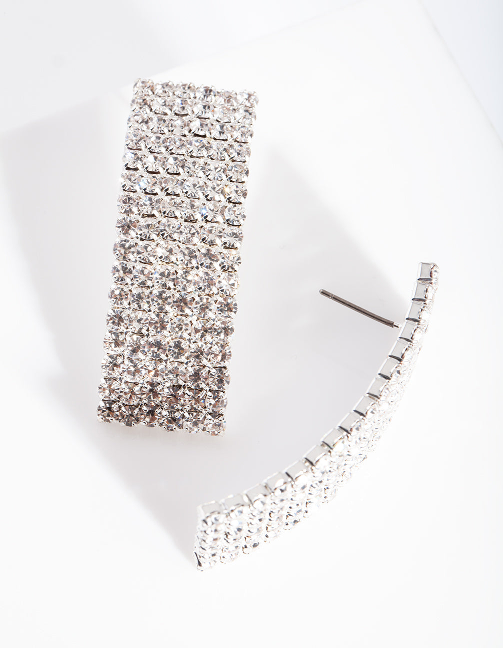 Silver Long Curve Diamante Earrings