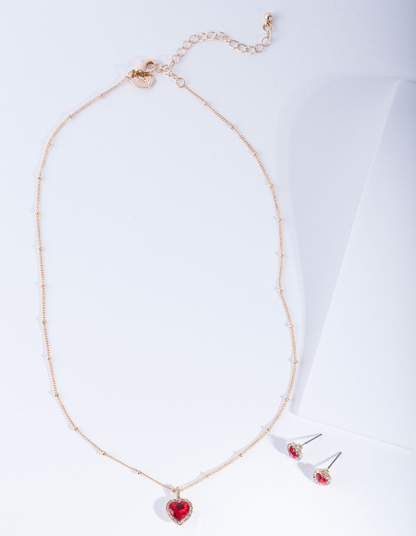 Gold Red Heart Necklace Earrings Gift Box