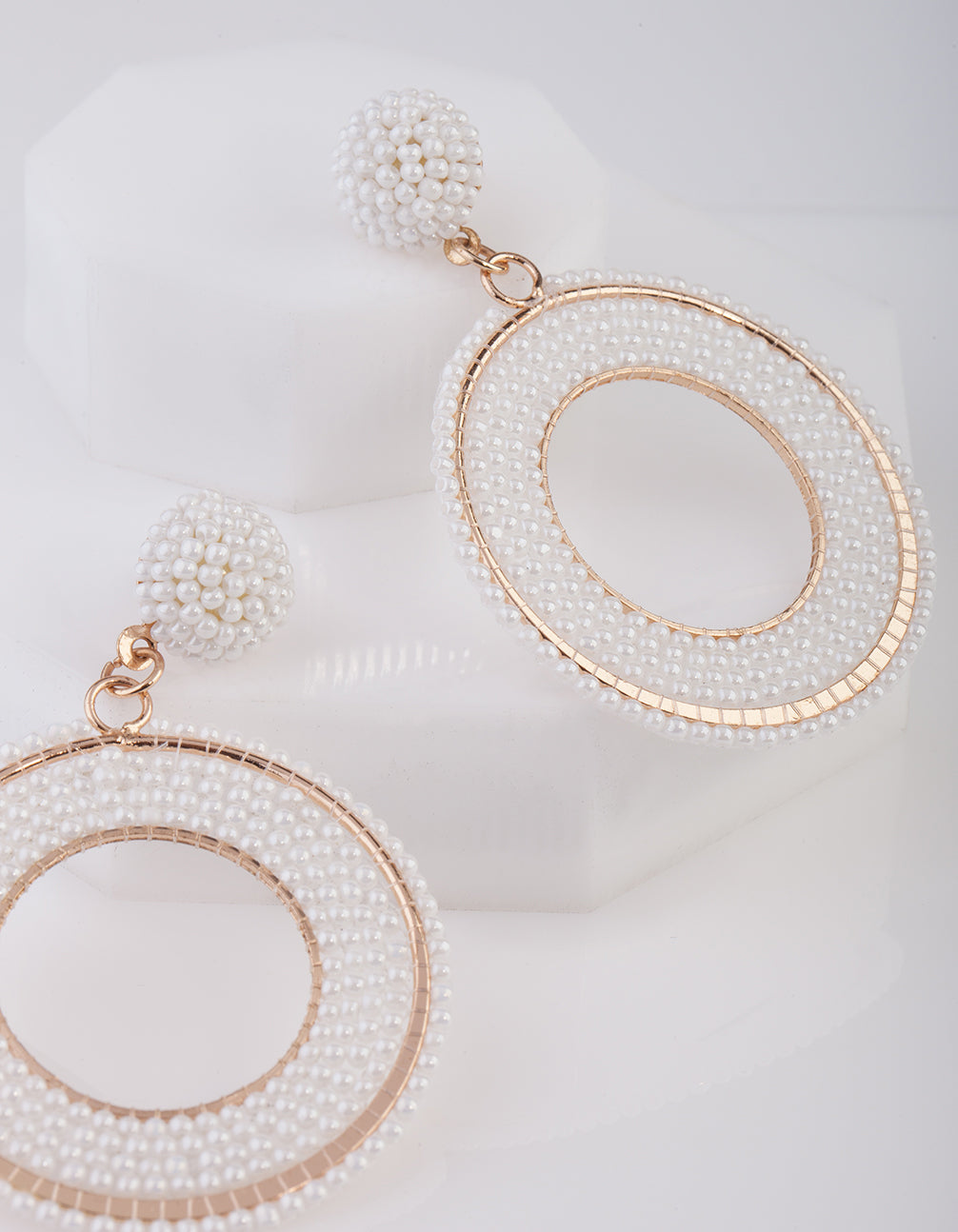 White Beaded Rose Gold Drop Earrings