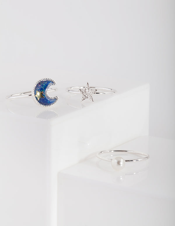 Silver Moon Star Ring Stack