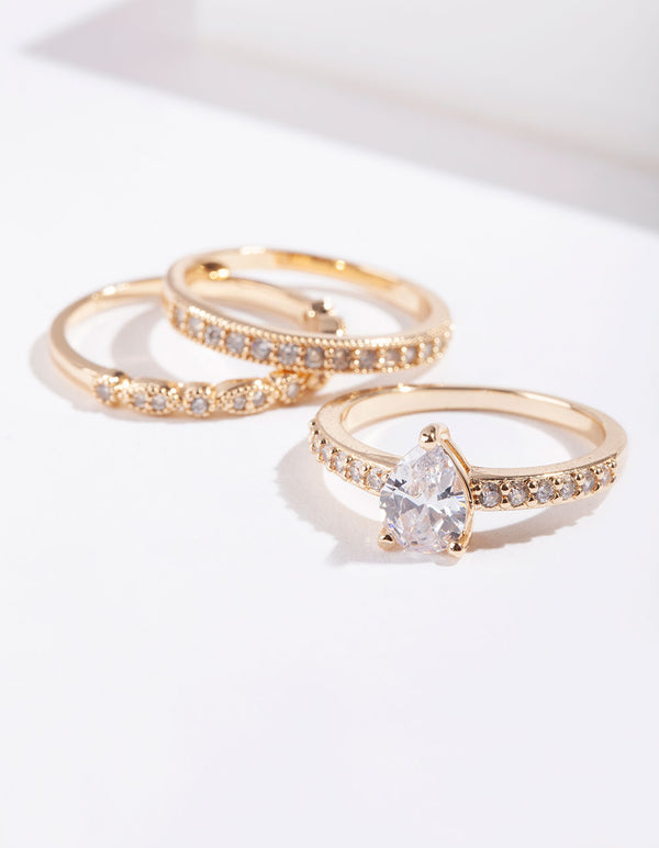Gold Teardrop Cubic Zirconia Engagement Ring Stack