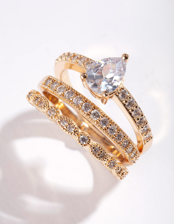 Gold Teardrop Cubic Zirconia Engagement Ring Stack