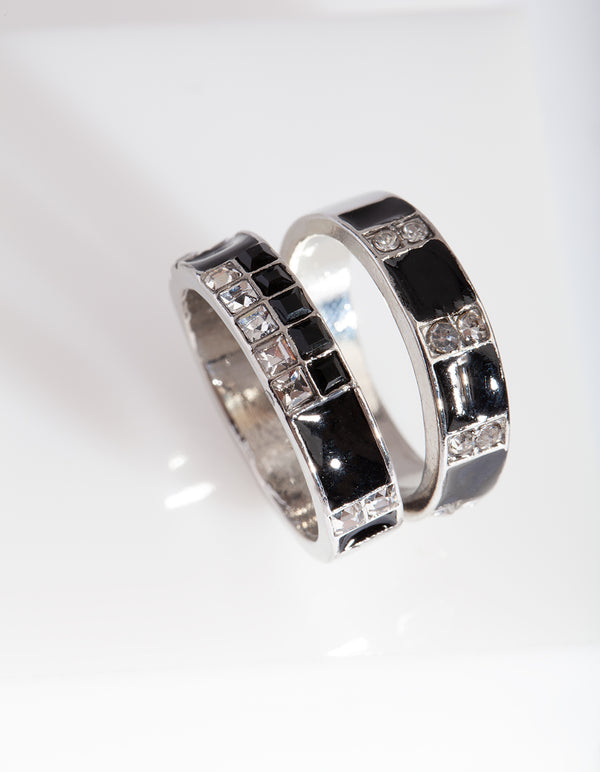 Black Diamante Enamel Ring Stack