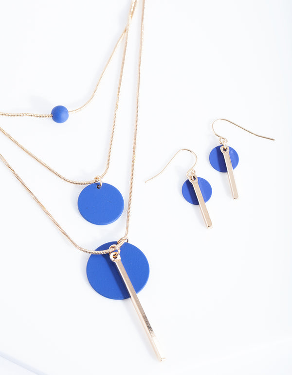 Blue Gold Matte Bead Necklace Earrings Set