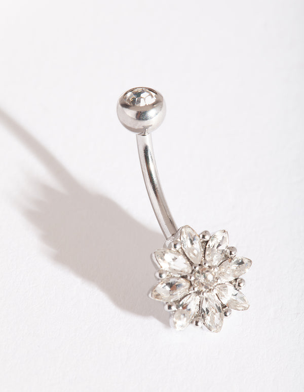 Silver Surgical Steel Floral Gem Belly Bar