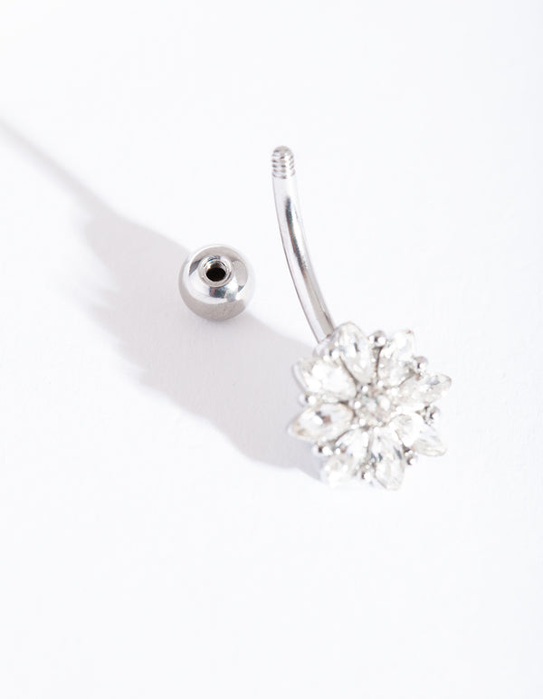 Silver Surgical Steel Floral Gem Belly Bar
