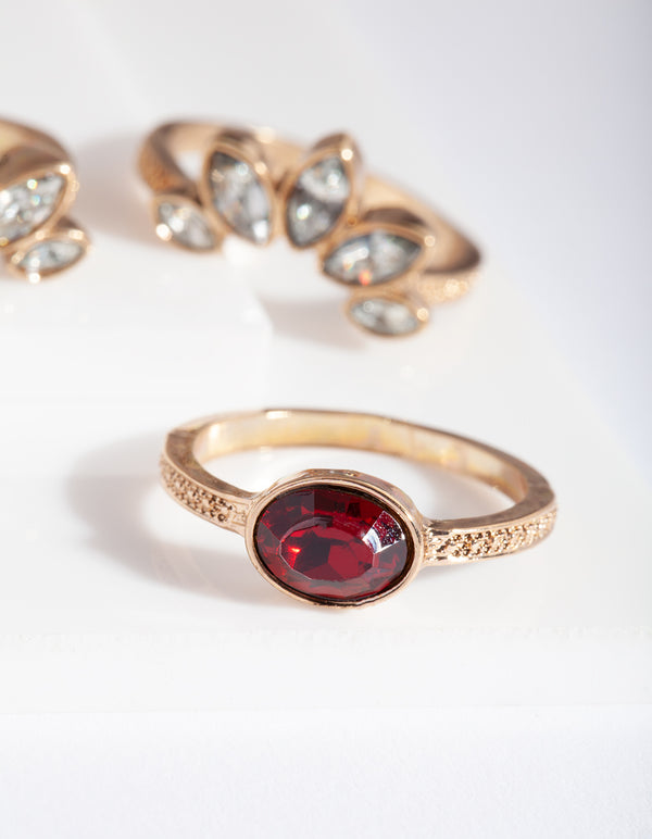 Antique Gold Ruby Floral Ring Stack