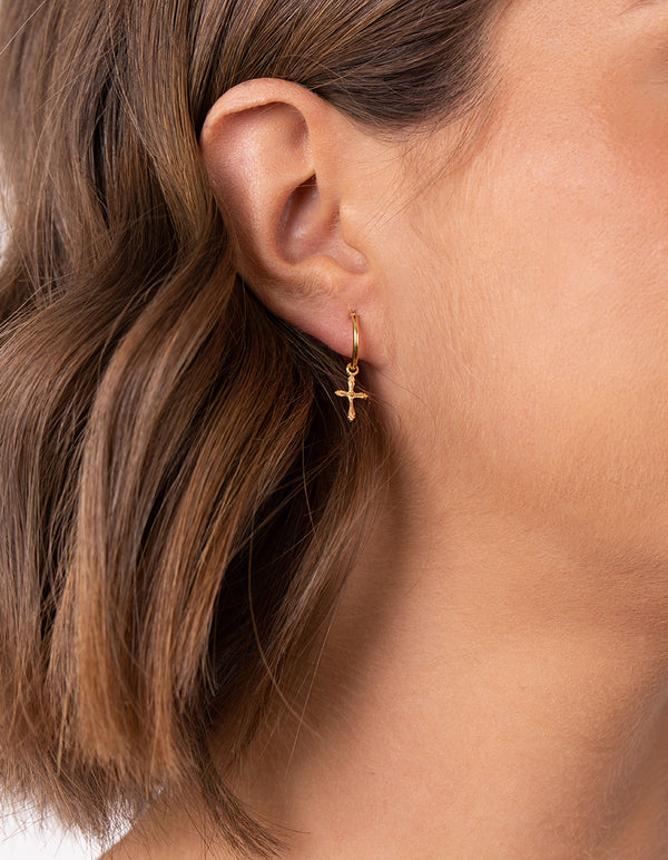 Gold Plated Sterling Silver Cross Dangle Hoop Earrings