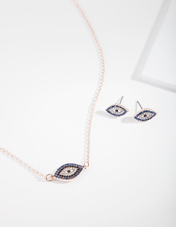 Rose Gold Evil Eye Necklace & Earrings Gift Box