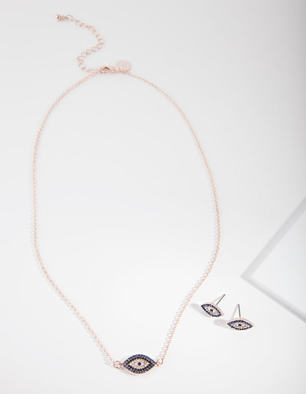 Rose Gold Evil Eye Necklace & Earrings Gift Box