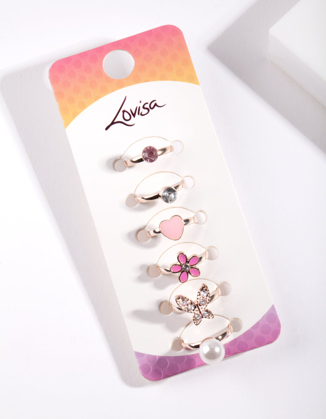 Kids Shiny Silver Diamante Heart Flower Butterfly & Pearl Ring 6-Pack