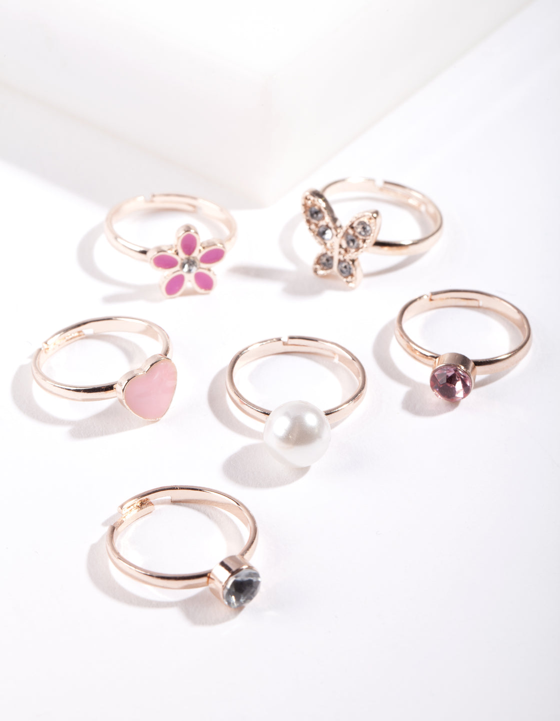 Kids Shiny Silver Diamante Heart Flower Butterfly & Pearl Ring 6-Pack