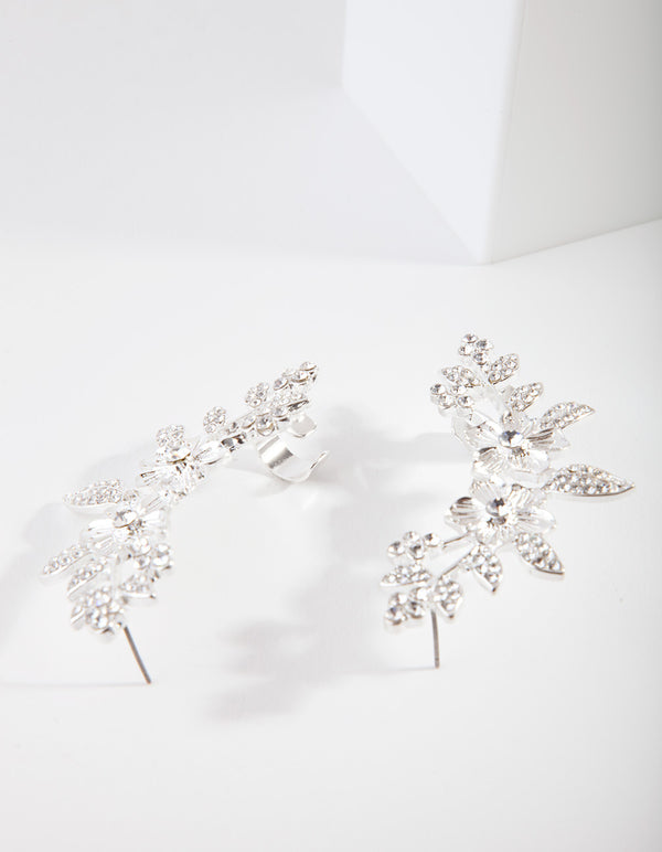 Silver Diamante Flower Cuff Earrings