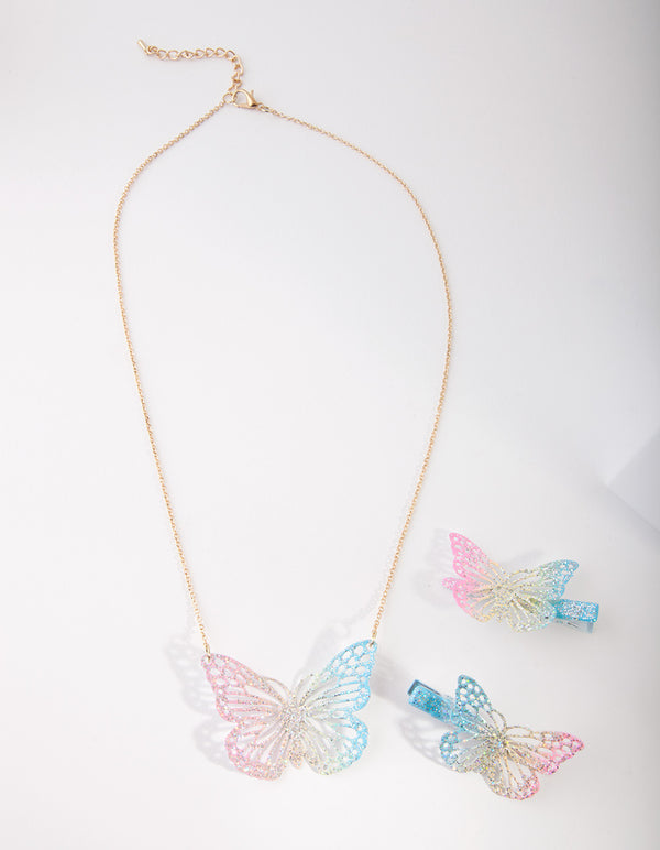 Kids Coated Metal Butterfly Clip & Necklace Set