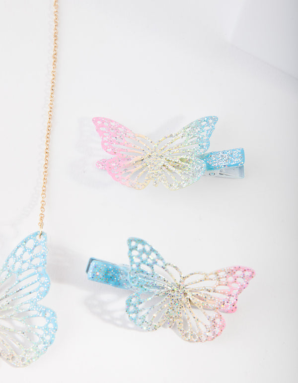 Kids Coated Metal Butterfly Clip & Necklace Set