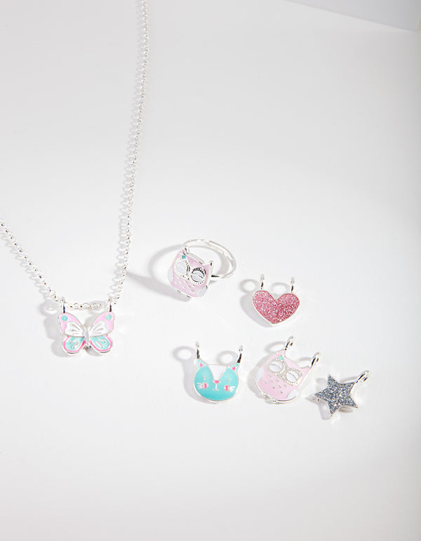 Kids Silver Multi Charm Ring Necklace Set