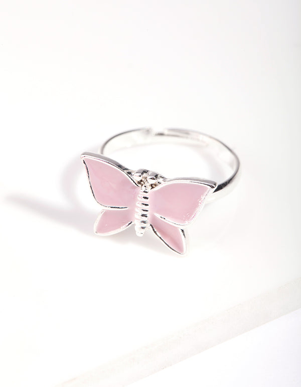 Kids Silver Enamel Butterfly Stretch Bracelet & Ring Set