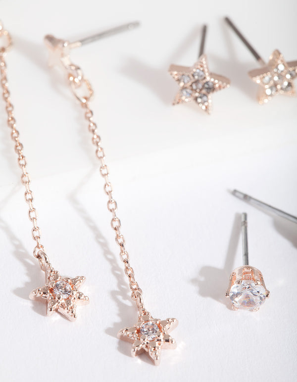 Rose Gold Cubic Zirconia Star & Chain Drop Earring Pack