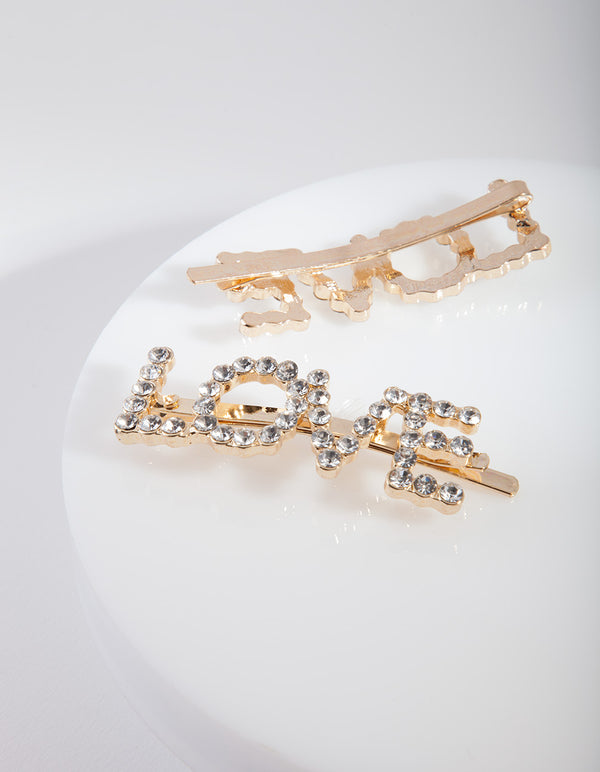 Gold Love Diamante Hair Clip Pack