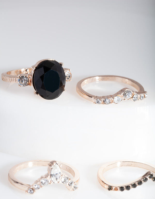 Rose Gold Black Stone Ring Stack