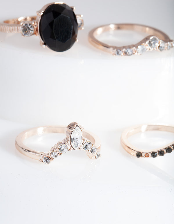 Rose Gold Black Stone Ring Stack