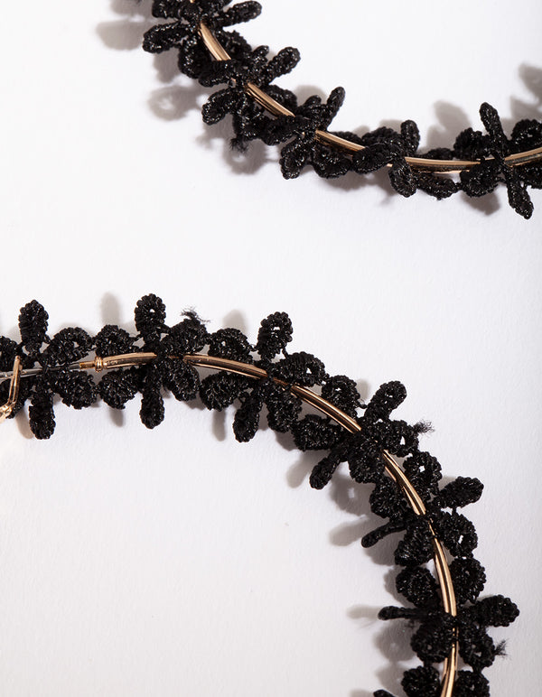 Black Gold Crochet Flower Hoop Earrings